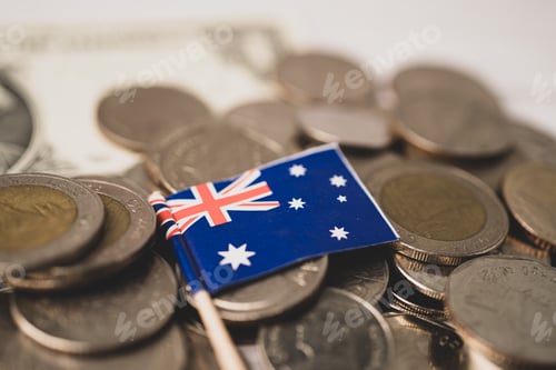Preview: Australia flag on coins background, finance and accounting, banking concept.