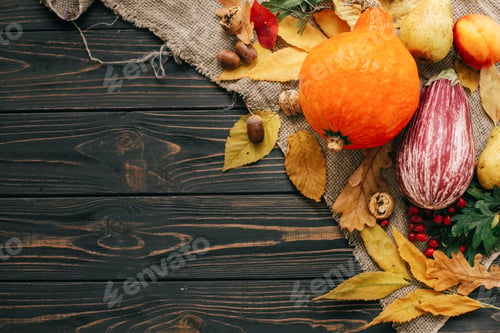 Preview: Pumpkin, autumn vegetables with colorful leaves