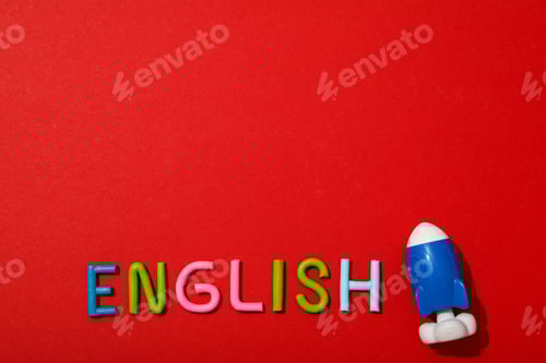 Preview: The word English with a rocket next to it, on a red background.