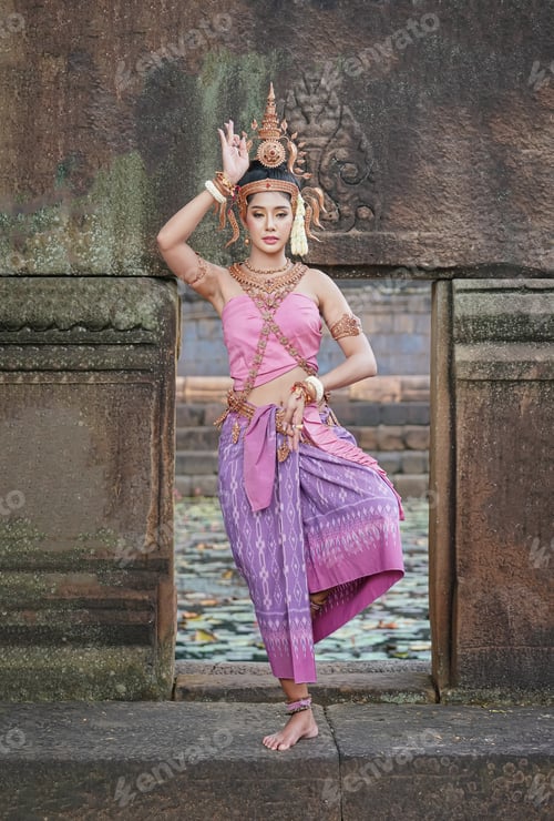 Preview: Asian charming woman wearing typical Thai dress identity culture