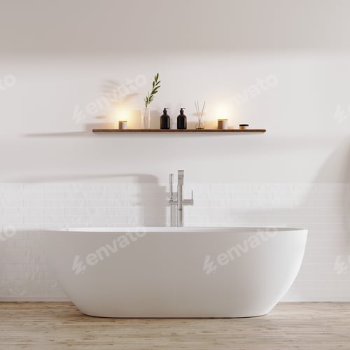 Preview: Modern Bathroom with White Bathtub and Wooden Floor