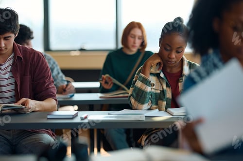 Visualização: Jovem estudante negra e seus colegas de classe aprendendo durante uma aula na universidade.