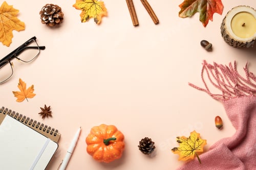 Preview: Autumn flat lay background with yellow leaves.