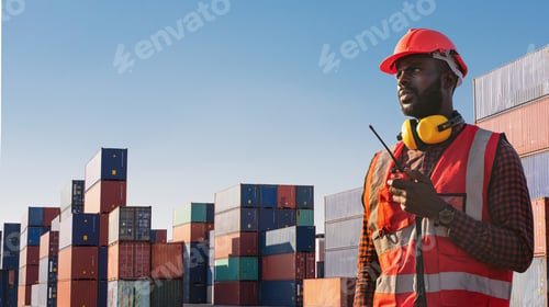 Preview: American African engineer using walkie talkie and check up goods at container cargo harbor.
