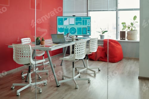 Preview: Modern Office Meeting Room With Red Wall and Large Screen