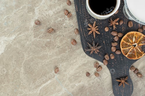 Preview: Espresso, milk and coffee beans on dark board