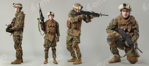 Preview: Soldiers in military gear pose with weapons in a studio setting