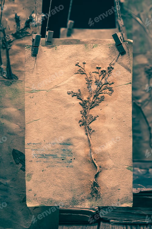 Preview: Strange herbalist workshop with flowers and dried herbs for Halloween.