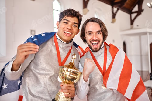 Preview: USA flag, fencing and portrait of men with trophy for winning competition, challenge and sports mat