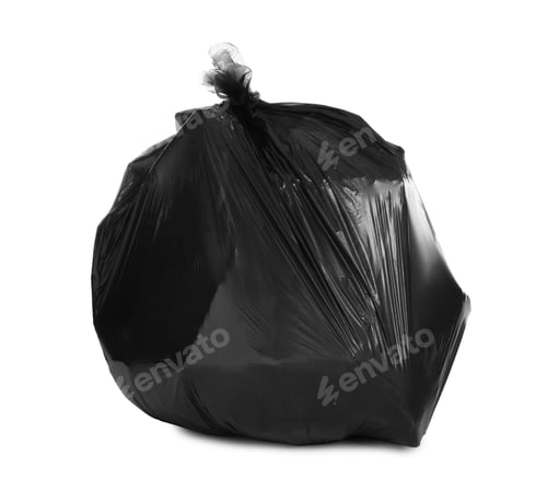 Preview: Black trash bag filled with garbage isolated on white