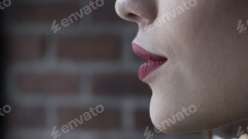Preview: Side view portrait of a sexy woman model with bright lips makeup and healthy shiny skin, beauty