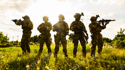 Preview: Smart teamwork of soldiers running forward and attacking enemy during military operation, Army