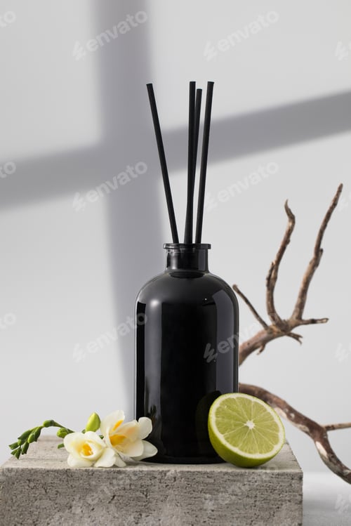 Preview: Black glass diffuser with the scent of flowers and lime. Perfumes for the room.