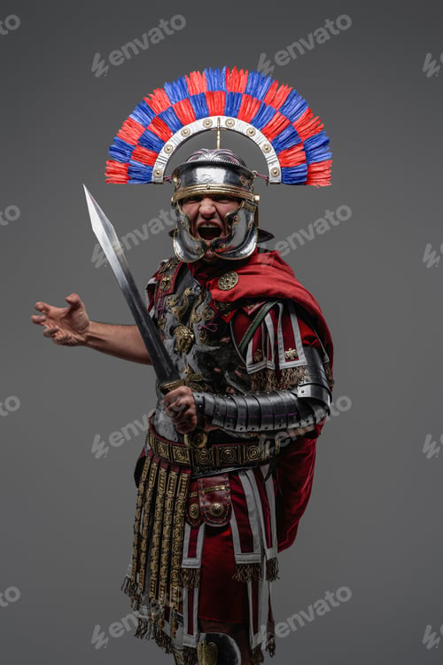Preview: Screaming roman soldier dressed in steel armor and plumed helmet