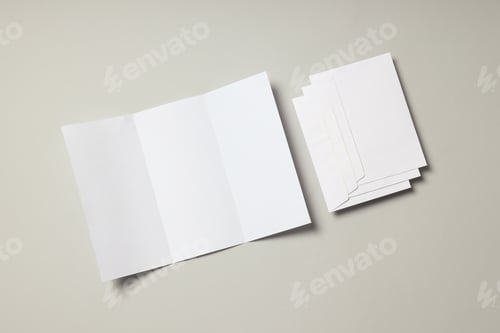 Preview: Blank white sheet and envelopes on light gray background