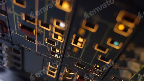 Preview: Autopilot control element of an airliner. Panel of switches on an aircraft flight deck. Thrust