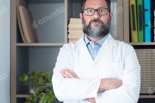 Preview: ophthalmologist and cardiologist doctor studio white uniform caucasian adult man smile