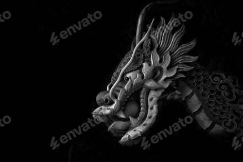 Preview: Grayscale of a wooden Dragon sculpture in Jangyu temple in Gimhae, South Korea
