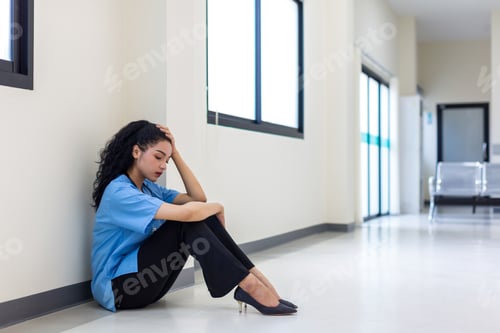 Preview: Doctor or Patients sitting on floor have depression. woman patient in a hospital is discouraged