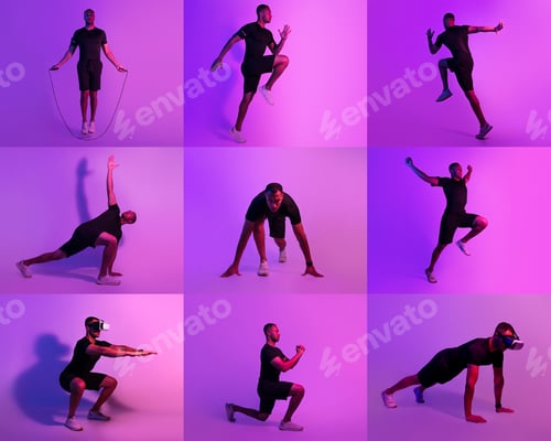 Preview: Jump rope and workout poses in dynamic routine under purple lights