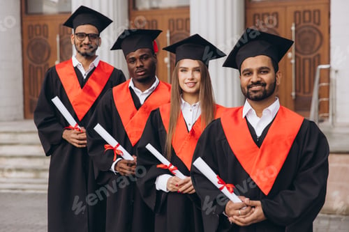 Preview: Diverse Group of Happy Graduates in Caps and Gowns Celebrating Success in Front University Building
