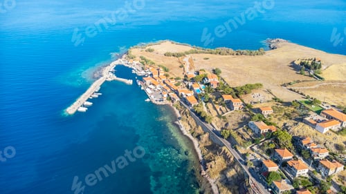 Preview: Village of Skala Nees Kidonies, Lesvos island, Greece. Aerial drone view of Lesbos island Molivos.
