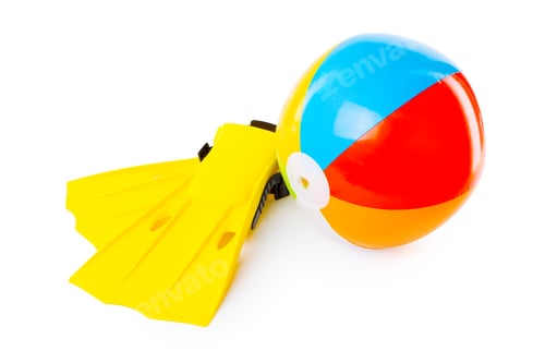 Preview: Colorful beach ball and bright fins ready for summer fun at the pool