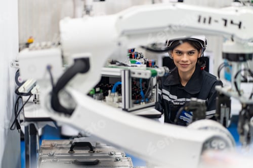 Preview: Female Engineer check and control automation robot arms machine in factory. robotics manufacturing.