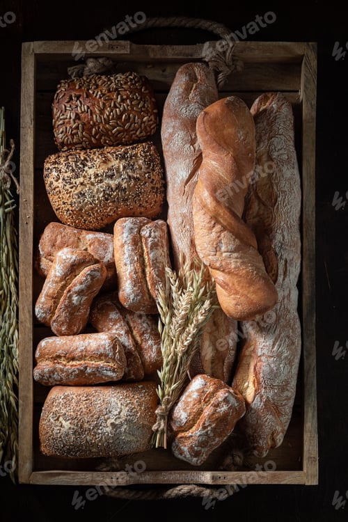 Preview: Homemade baguettes and buns for healthy breakfast. Made of wheat.