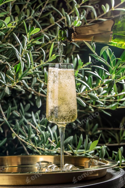 Preview: Sparkling champagne being poured into a tall flute glass on a golden tray with ice cubes