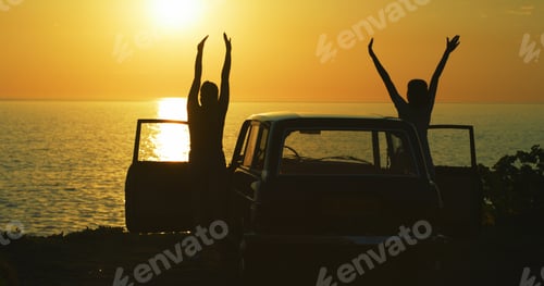 Preview: Couple, silhouette and sunset at beach for road trip, freedom and excited for journey in nature. Pe