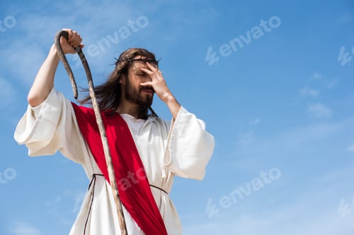 Preview: Jesus in robe, red sash and crown of thorns standing with wooden staff in desert and touching