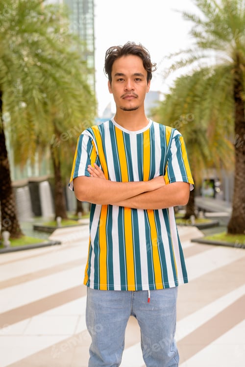 Preview: Portrait of handsome multi-ethnic young man wearing colorful shirt outdoors during summer with arms