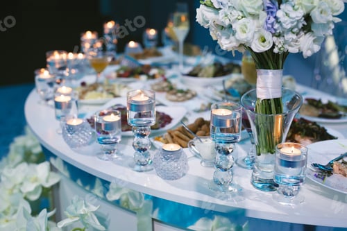 Preview: Served wedding banquet table with dishes in the restaurant