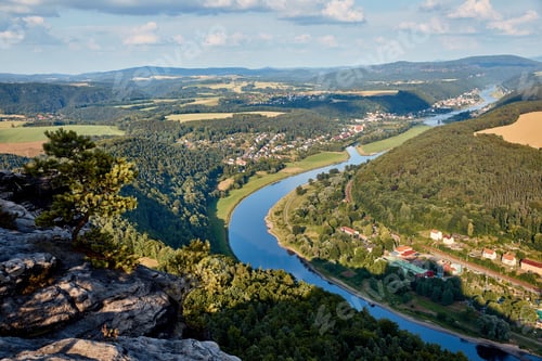 Preview: aerial view of beautiful elbe river, forest and rocks in Bad Schandau, Germany