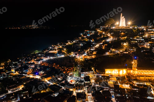 Preview: Aerial shot of Janitzio island at night in Lake Patzcuaro in the state of Michoacan, Mexico.