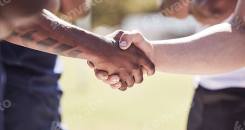 Preview: Closeup two opponent rugby teams shaking hands before or after a match outside on a field. Rugby pl