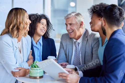 Preview: Business people, tablet and laughing for funny meme, joke or social media post together at office.