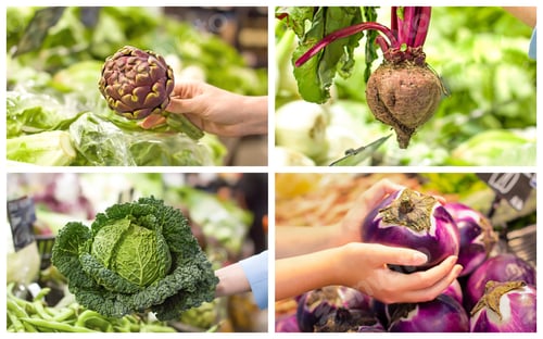 Preview: Collage With Female Hand Who Chooses Vegetables In Supermarket. Concept Of Healthy Food, Bio