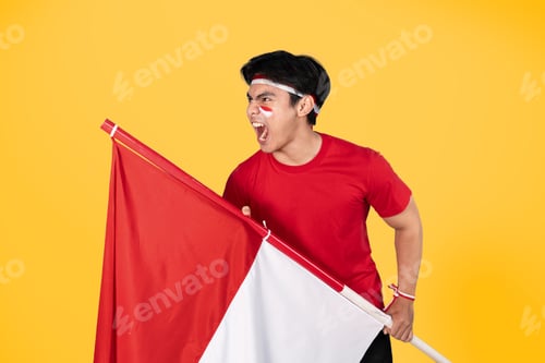 Preview: Enthusiastic Young Man Holding Red and White Flag