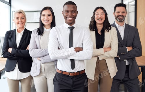 Preview: Let us take on the job. Shot of a group of businesspeople standing in an office at work.