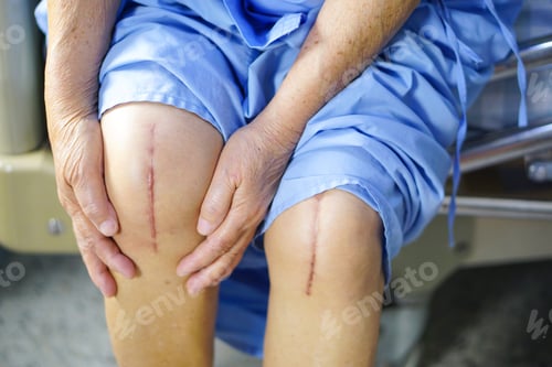Preview: Asian elderly woman patient show her scar surgical total knee joint replacement Suture wound surgery
