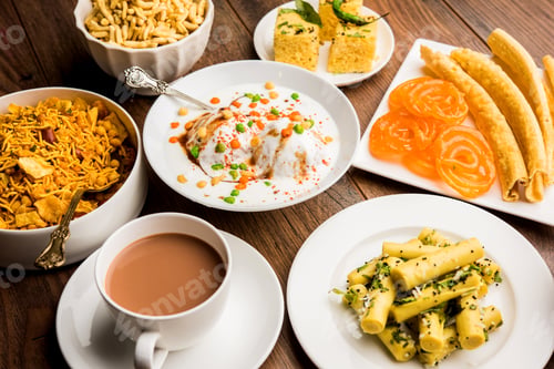 Preview: Group of Gujarati snacks food from India