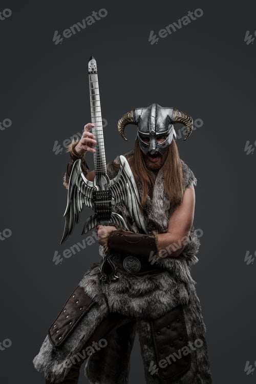 Preview: Crazy nordic warrior with electric guitar against grey background