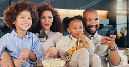 Preview: Black family, woman and man with children, watch and embrace in living room, movies and love in hou