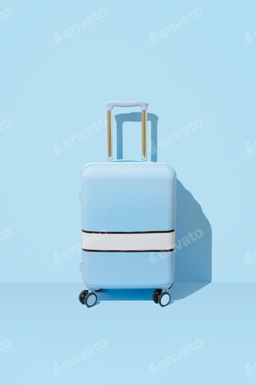 Preview: Suitcase on a pastel blue background with long deep shadows. Minimal style