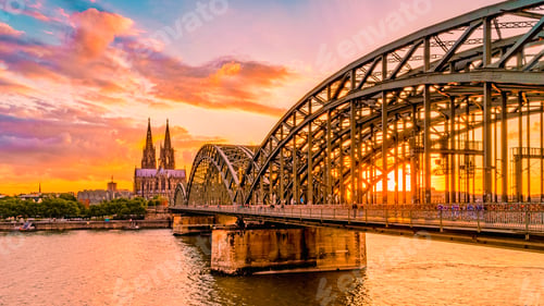 Preview: Cologne Koln Germany during sunset, Cologne bridge with cathedral