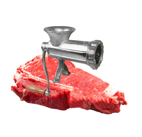 Raw Meat and a Grinder on White