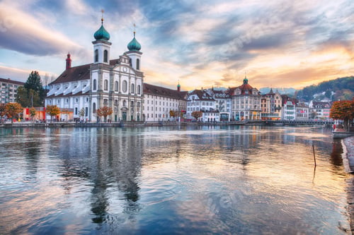 Preview: Stunning historic city center of Lucerne with famous buildings and lake Jesuitenkirche Church.