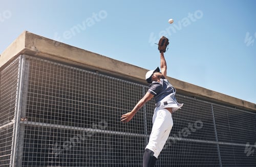 Preview: The catch of the day. Shot of a young man catching a ball at a baseball match.